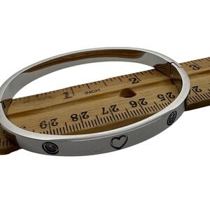 Silver Tone Heart and Crystal Hinged Bangle Bracelet Polished Oval Cuff